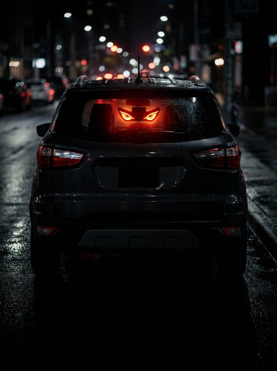 Glowing eyes in your rear window.